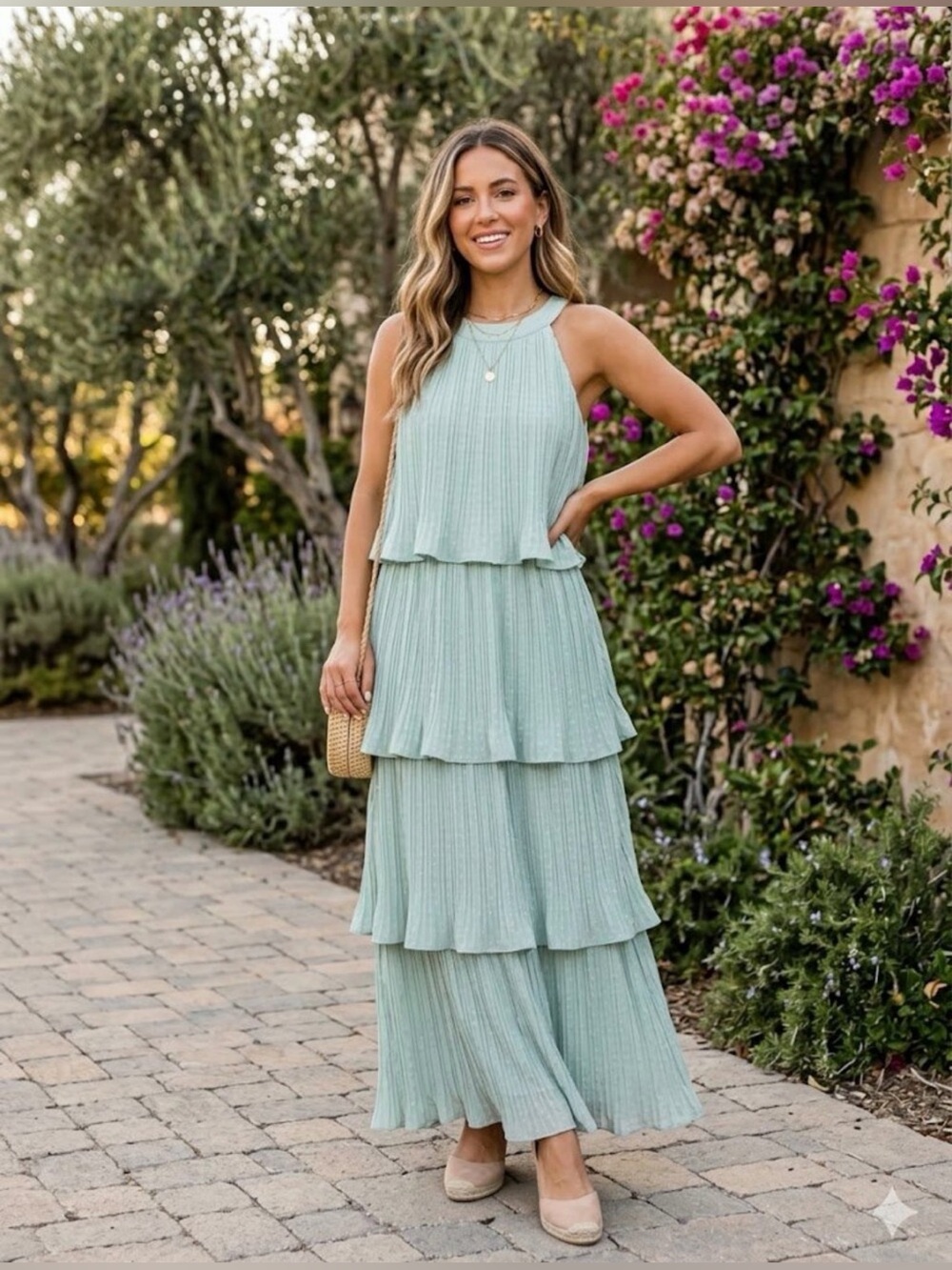 AROSE LAUREN HALTER NECK PLEATED SWISS DOT TIERED SAGE GREEN MIDI DRESS S/M NWT